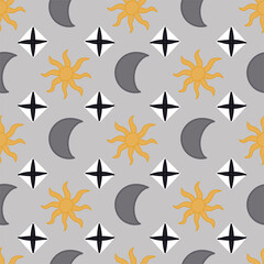 Celestial bodies seamless pattern. Hand drawn astronomical objects on grey background.