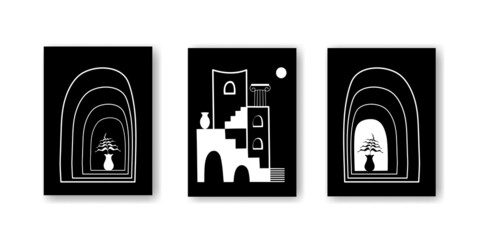 Set of abstract creative posters in black and white colors. Matisse style. Triptych. Architectural elements, plants, vases. Gesign for wall decor, cover, wallpaper, print, card. Vector illustration.