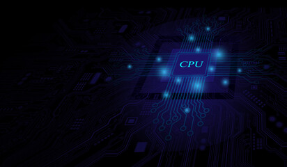 CPU Chip on Motherboard. Central Computer Processors CPU concept. Quantum computer, large data processing, database concept. Futuristic microchip processor. Digital chip.