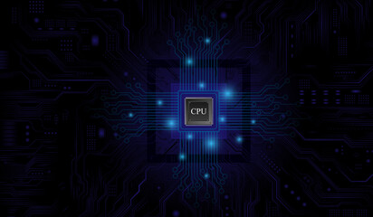 CPU Chip on Motherboard. Central Computer Processors CPU concept. Quantum computer, large data processing, database concept. Futuristic microchip processor. Digital chip.