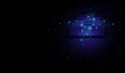 CPU Chip on Motherboard. Central Computer Processors CPU concept. Quantum computer, large data processing, database concept. Futuristic microchip processor. Digital chip.