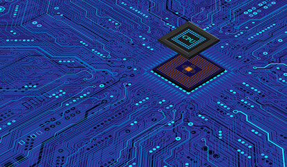 CPU Chip on Motherboard. Central Computer Processors CPU concept. Quantum computer, large data processing, database concept. Futuristic microchip processor. Digital chip.