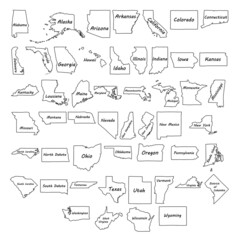 Doodle freehand drawing on states of the USA.