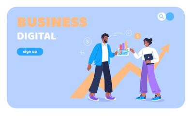 Young people make online digital business presentation. Website template illustration