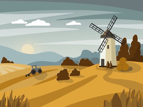 farm, agriculture, fields and tractor are shown in the picture, landscape, flat illustration