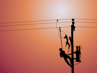 Power outage concept : Lineman is releasing the electricity of the transformer from the high voltage distribution system. To check the cause of the power failure.