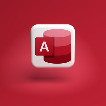 Logo of the Microsoft Office component Access on a tile hovering over a seamless red background. Copy space.