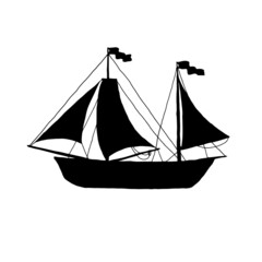 Silhouette sailboat. Ship with sails black outline isolated illustration.