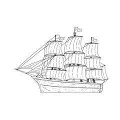 Sea sailboat line art. Ship with sails doodle black white sketch isolated illustration.