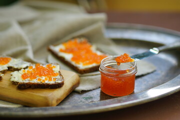 Red caviar. Omega 3. Healthy food. Breakfast. Sandwiches with caviar. Seafood 