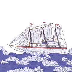 Sea sailboat on the waves. Modern ship with sails doodle sketch isolated illustration.