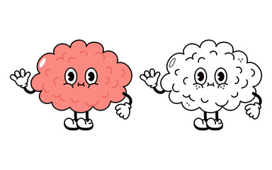 Cute funny brain character. Vector hand drawn traditional cartoon vintage, retro, kawaii character icon. Brain emoji,child,adorable,kids concept. Outline cartoon illustration for coloring book