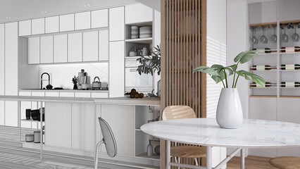 Architect interior designer concept: hand-drawn draft unfinished project that becomes real, kitchen, Island, parquet and decors. Dining table with chairs, open wine cellar
