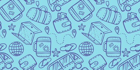 set seamless pattern of illustration with doodles on the theme of time for travel. Colorful background on the theme of adventure and travel, wandering