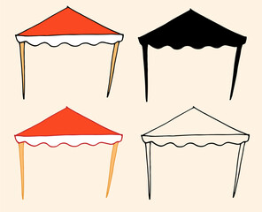 the open awning is red. a doodle-style set of outdoor awnings for a summer cafe, side view of wooden boots and a red roof. isolated black outline and silhouette