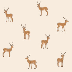 Cute antelope - seamless trendy pattern with animal in various poses. Contour vector illustration for prints, clothing, packaging and postcards.