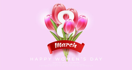 Realistic 8 march womens day with some tulips on soft pink background