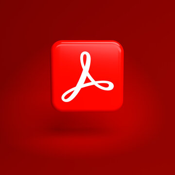 Logo of the PDF publishing software program Adobe Acrobat - major part of the Creative Cloud Apps Suite on a tile hovering over a seamless red background