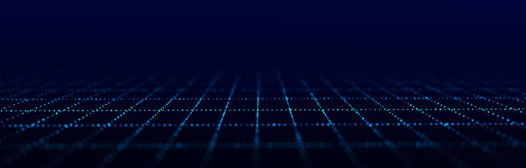 Wireframe landscape. Perspective grid. Digital space. Blue mesh on a black background.
