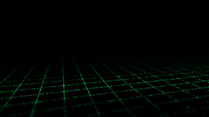 Wireframe landscape. Perspective grid. Digital space. Green mesh on a black background.
