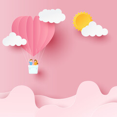 Happy valentines day. Heart balloons with young couple on flying over clouds. Paper cut and craft style illustration