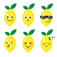 Set of lemon emojis. Kawaii style icons, fruit characters. Vector illustration in cartoon flat style. Set of funny smiles or emoticons. Good nutrition and vegan concept. illustration for kids. 