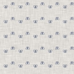 Farmhouse blue butterfly linen seamless pattern. Tonal french country cottage style farm animal background. Simple vintage rustic fabric textile effect. Stylised nature shabby chic kitchen cloth. - 488375741