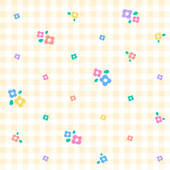 Rainbow Purple Blue Green Yellow Orange Pink Cute Daisy Flower Colorful Plaid Gingham Pattern Background Vector Cartoon Illustration Tablecloth, Picnic mat wrap paper, Mat, Fabric, Textile, Scarf.