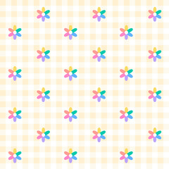 Rainbow Purple Blue Green Yellow Orange Pink Cute Daisy Flower Colorful Plaid Gingham Pattern Background Vector Cartoon Illustration Tablecloth, Picnic mat wrap paper, Mat, Fabric, Textile, Scarf.