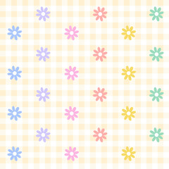 Rainbow Purple Blue Green Yellow Orange Pink Cute Daisy Flower Colorful Plaid Gingham Pattern Background Vector Cartoon Illustration Tablecloth, Picnic mat wrap paper, Mat, Fabric, Textile, Scarf.