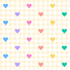 Rainbow Heart Love Valentine's Day Purple Blue Green Yellow Orange Pink Gingham Pattern Square Background Vector Cartoon Illustration Tablecloth, Picnic mat wrap paper, Mat, Fabric, Textile, Scarf.