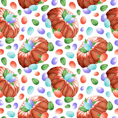 Watercolor Easter seamless pattern. Easter cupcake wreath and colored eggs. Spring sweet pastry. Hand drawn illustration on white background.