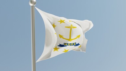 Rhode Island flag on flagpole. RI flag fluttering in the wind. USA.