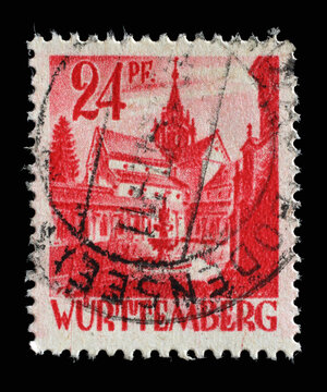 Stamp printed in Germany, French Occupation of Wurttemberg shows Bebenhausen Abbey, circa 1947