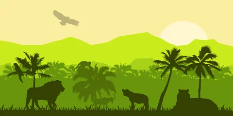 Poster Jungle forest vector silhouette, green tropical nature background, amazon rainforest panoramic landscape. Wild fauna illustration, lion, monkey, toucan, parrot. Jungle silhouette banner EPS © alxyzt