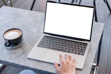 computer screen blank mockup.hand woman work using laptop with white background for advertising,contact business search information on desk at coffee shop.marketing and creative design