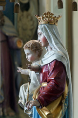 Virgin Mary with child Jesus, statue in the church of Our Lady of the Snows in Volavje, Croatia