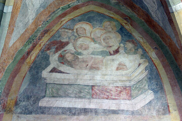 Jesus is laid in the tomb, a fresco in the parish church of Saint Peter in Petrova, Croatia