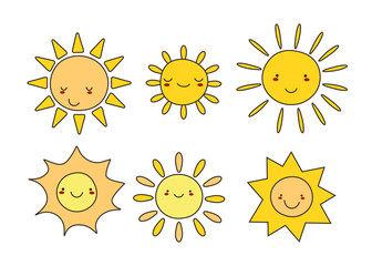 Cute vector set of SUN icons. Funny happy smiley suns. Happy doodles for your design. Bright and beautiful cartoon characters. EPS