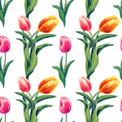 Fototapeta premium Watercolor Spring tulips. Seamless pattern with orange, red, pink Flowers