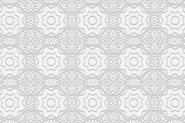 Embossed ethnic white background, luxury cover design. Geometric ornamental 3D pattern. Artistic creativity of the peoples of the East, Asia, India, Mexico, Aztecs in the style of folk traditions.