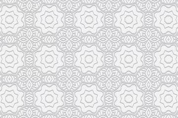 Poster Embossed ethnic white background, luxury cover design. Geometric ornamental 3D pattern. Artistic creativity of the peoples of the East, Asia, India, Mexico, Aztecs in the style of folk traditions. ©  swetazwet