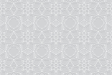 Embossed ethnic white background, elegant cover design. Geometric ornamental 3D pattern. Artistic creativity of the peoples of the East, Asia, India, Mexico, Aztecs in the style of folk traditions.