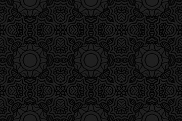 Embossed ethnic black background, vintage cover design. Geometric ornamental 3D pattern. Artistic creativity of the peoples of the East, Asia, India, Mexico, Aztecs in the style of folk traditions.