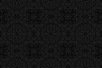 Obraz na płótnie Canvas Embossed ethnic black background, exotic cover design. Geometric ornamental 3D pattern. Artistic creativity of the peoples of the East, Asia, India, Mexico, Aztecs in the style of folk traditions.