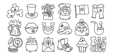 Saint Patrick's Day doodle style hand-drawn icon set with editable stroke width. Cute holiday symbols and elements collection.