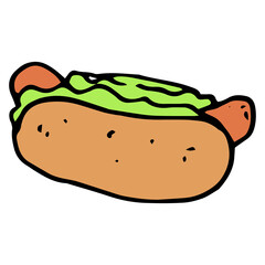 hot dog icon color. with handmade street food hot dogs in doodle style, black outline, brown bun with sausage and green salad on white for menu label design template