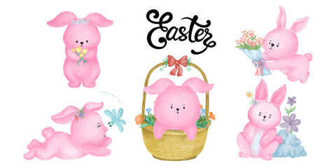 Bunny illustration in pink tones Designed with watercolor graphics. It can be applied to a variety of projects such as cards, covers, children's art, crafts, digital printing, etc.