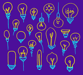 a set of yellow contour light bulbs . Isolated bright yellow bulbs of different shapes, hand-drawn in cartoon style, with a blue base line on a purple one for a design template. Symbol of the idea and
