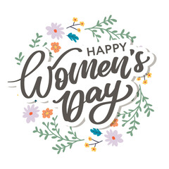 Women's Day hand drawn lettering. Red text isolated on white for postcard, poster, banner design element. Happy Women's Day script calligraphy. Ready holiday lettering design.